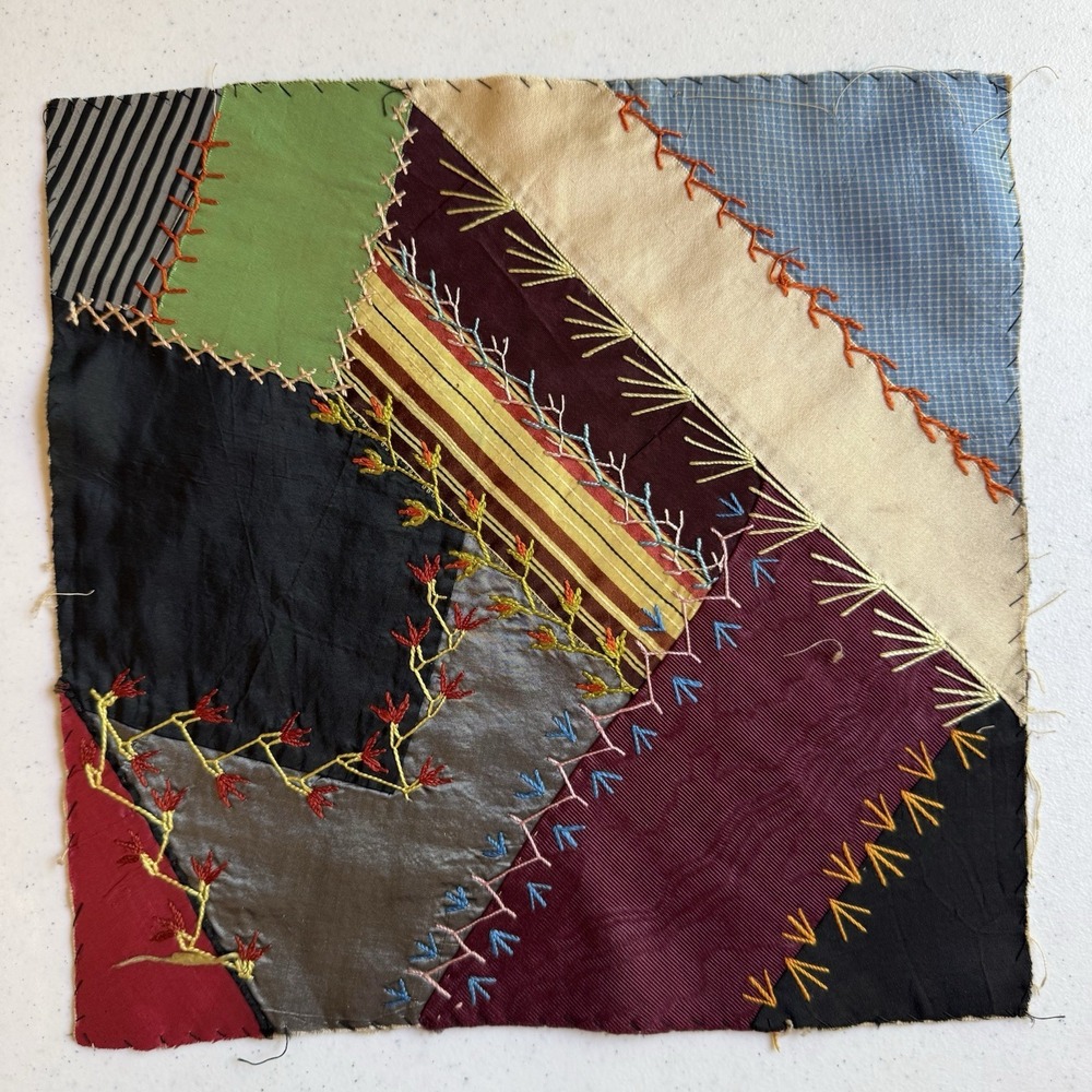 Antique Victorian Crazy Quilt Block Silk Embroidered Hand Stitched Floral c1890